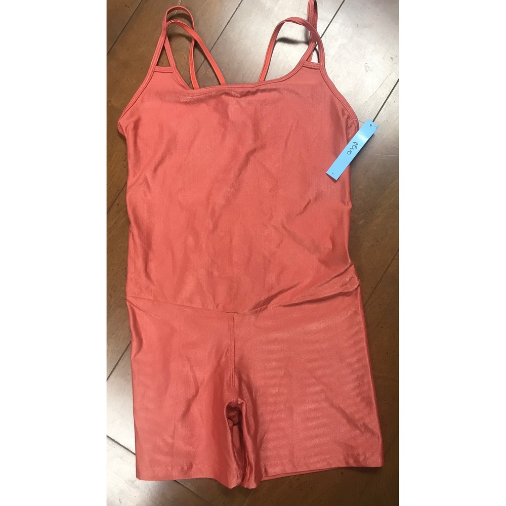 Angé Coral Orange Ribbed Shimmer Activewear Romper Caged Back Small NWT